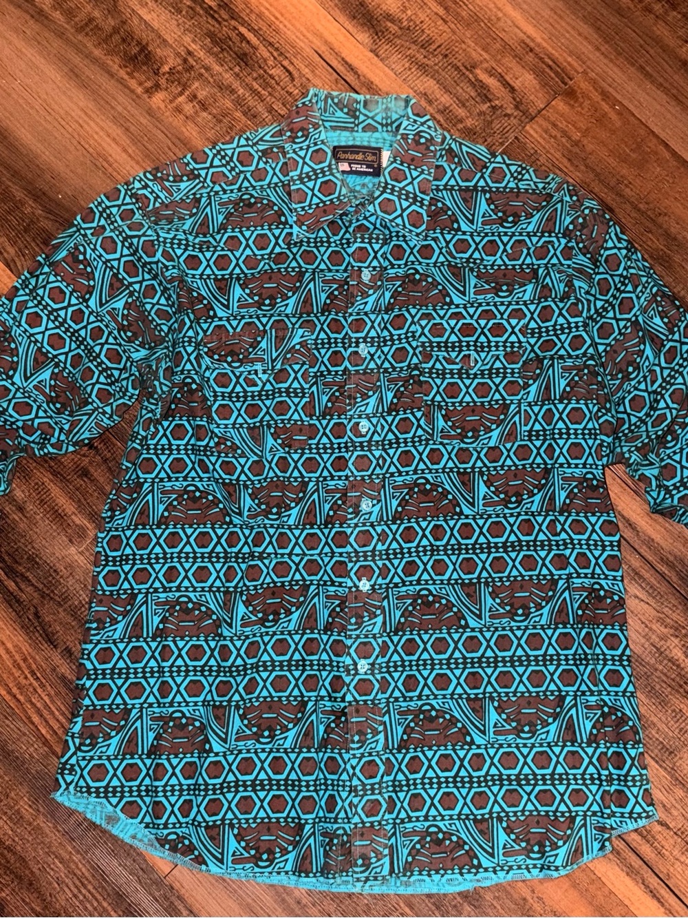 Panhandle Slim Turquoise and Brown Geometric Button-Down Shirt